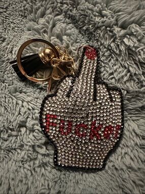 Rhinestone Middle Finger Keychain - Silver and Red Accent